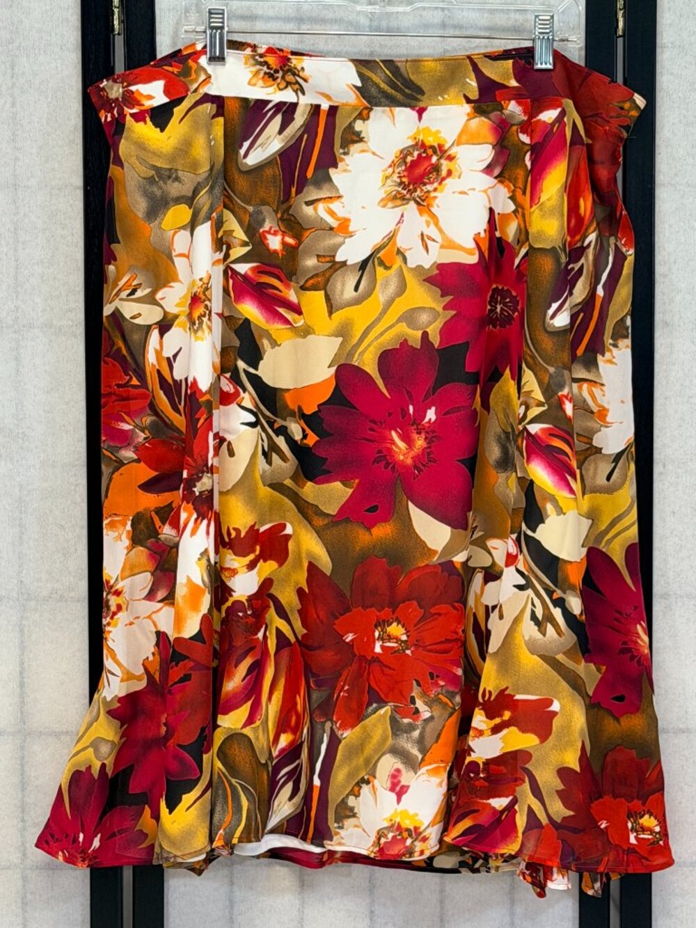 CJ Banks 2X Red Gold Floral Sheer A Line Skirt Half Elastic Waist Lined NWT